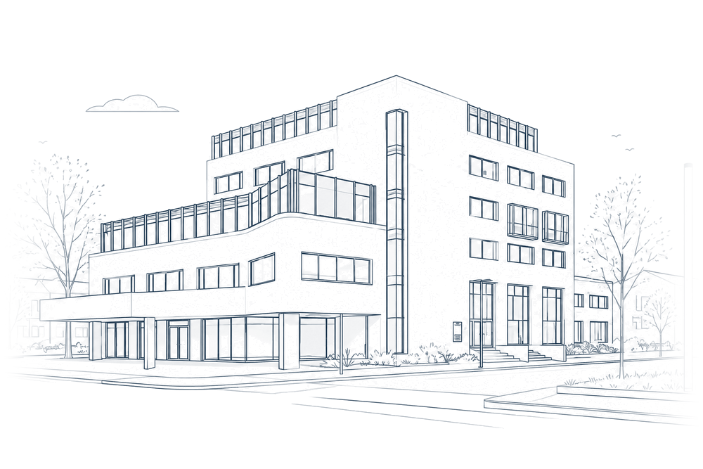 Lijntekening van het kantoorpand van Keizer Karel aan het Keizer Karelplein 32 in Nijmegen