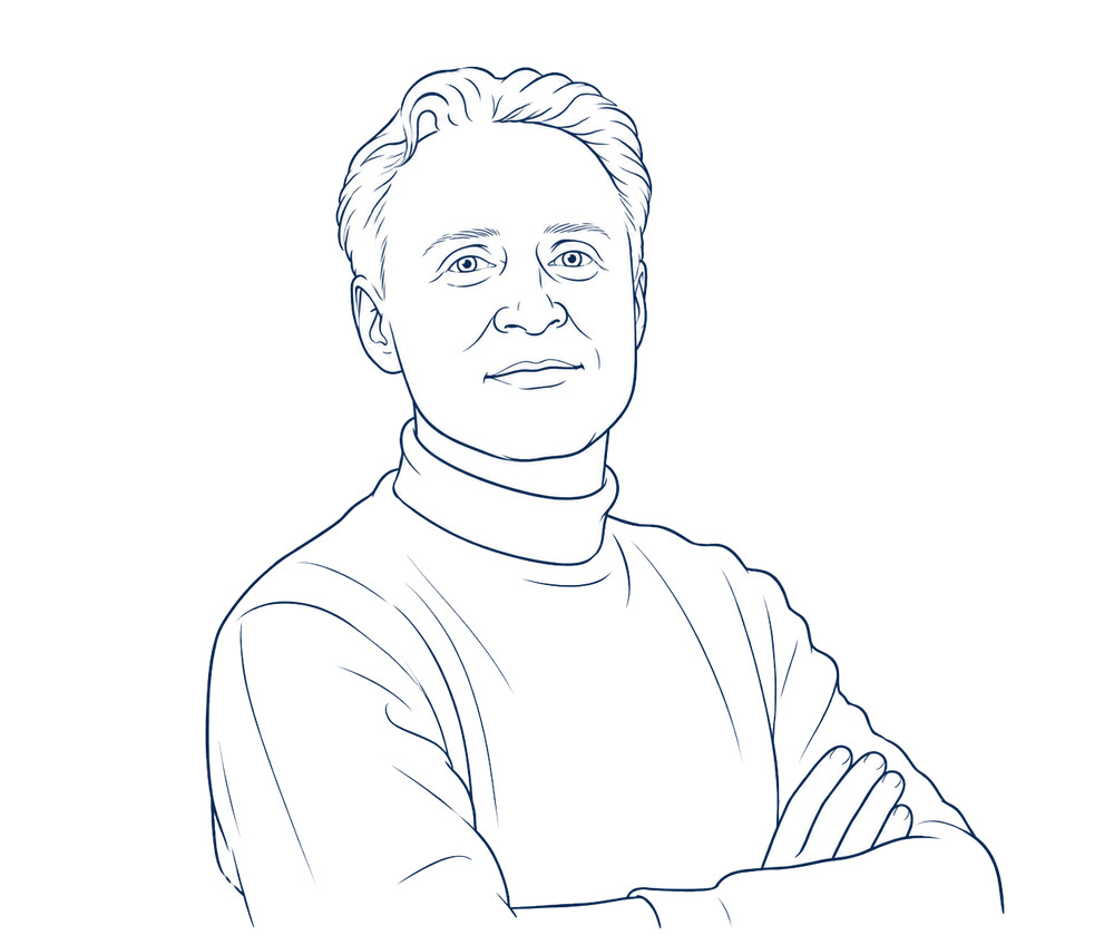 Lijntekening van Stefan Wilkens van Keizer Karel, met de armen over elkaar